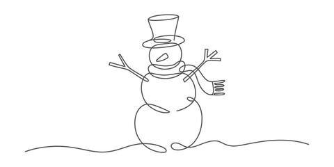 Minimalist continuous one line drawing of a cheerful snowman with a top hat and scarf vector