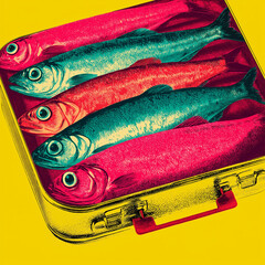 Vibrant pop art sardines in a tin can creative food photography bold colors