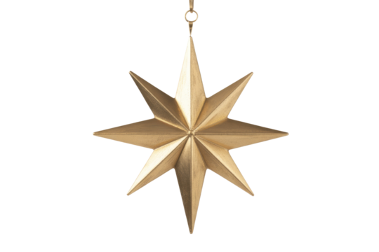 A shiny golden eight-pointed star ornament with textured surfaces, elegantly hanging against a solid transparent background, perfect for festive decorations. background removed - Powered by Adobe