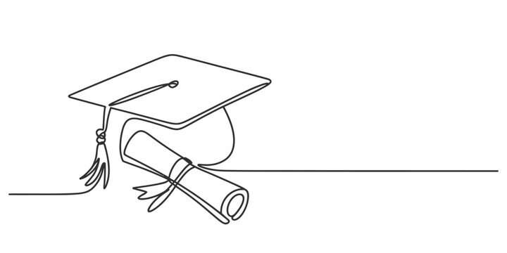 Minimalist continuous one line drawing of a graduation cap and diploma representing academic achievement vector