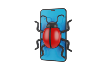 3D rendering of a stylized red and black bug on a blue smartphone screen, symbolizing digital security threats, malware, or software errors. background removed