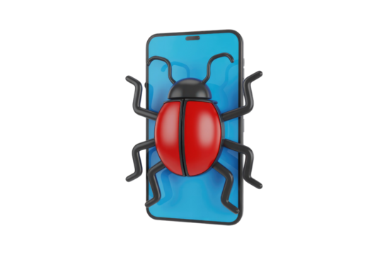 3D rendering of a stylized red and black bug on a blue smartphone screen, symbolizing digital security threats, malware, or software errors. background removed