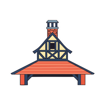 Cartoon of a traditional timber-framed house with a chimney.