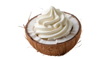 A half coconut shell filled with a beautiful swirl of creamy white coconut whipped cream, offering a delicious tropical dessert. background removed