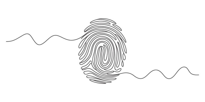 Continuous single line drawing of a fingerprint with wavy lines extending outward representing connection vector