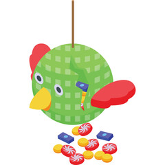 Green pixel art bird pi?ata filled with candy and coins suspended by a string with a broken section revealing the treats falling out isolated on a white background