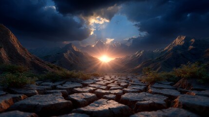 Dramatic Sunset Over Cracked Earth Path Between Rugged Mountains, Hopeful Light Rays Breaking Through Dark Clouds