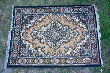 Vintage oriental carpet on grass background with decorative medallion pattern