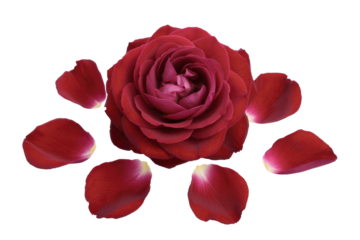 A vibrant, deep red rose in full bloom, surrounded by six scattered petals on a solid transparent background, symbolizing beauty and romance. background removed