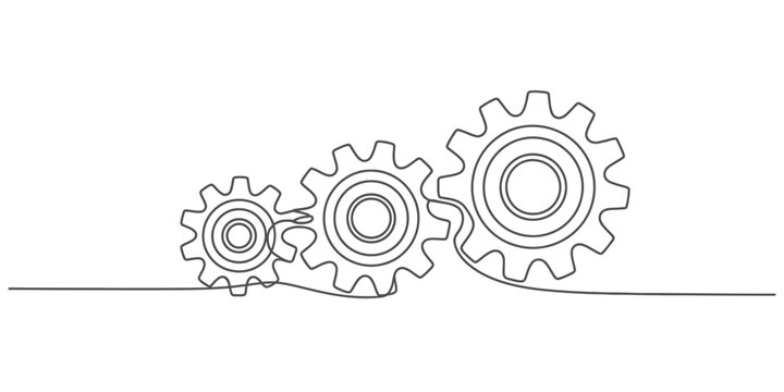 Elegant single line drawing of interlocking gears symbolizing connection and progress vector