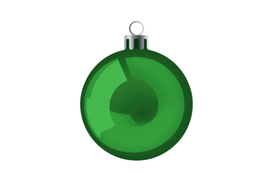 A glossy green Christmas ornament bauble with a silver cap, showing reflective highlights on a solid transparent background. background removed