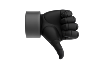 Black 3D rendered hand displays thumbs-down gesture, symbolizing disapproval, dislike, or negativity. Modern, sleek design with a grey wristband. background removed