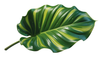 A beautiful variegated green and yellow leaf with clear water droplets, showcasing its vibrant patterns and fresh appearance on a solid background. background removed