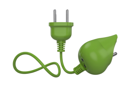 A green 3D electric plug connects to a leaf-shaped socket, powerfully symbolizing sustainable, eco-friendly, and renewable energy for a greener environment. background removed