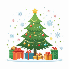 Naklejka premium Christmas tree with presents and snowflakes