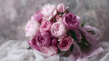Obraz premium A lush bouquet of pink and purple peonies elegantly arranged with silk ribbon on draped fabric