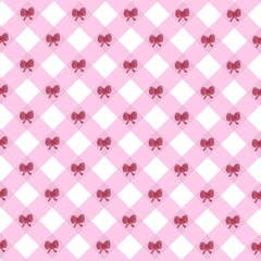 Seamless pattern with red ribbon on pink checkered background, coquette backdrop, card, banner, wallpaper, wrapping, print, illustration.