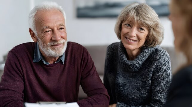 A senior couple smiles while engaged in a conversation during an indoor consultation