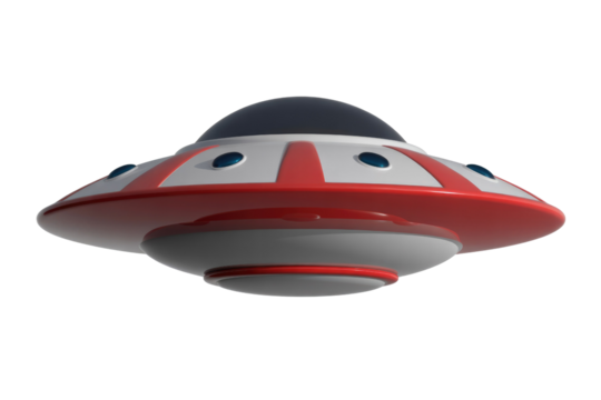 A 3D rendered red, white, and gray flying saucer (UFO) with a dark dome and blue lights, on transparent background. background removed - Powered by Adobe