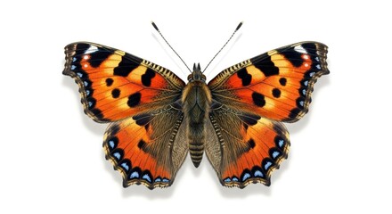 Fototapeta premium Vibrant Small Tortoiseshell Butterfly with Open Wings on White Background