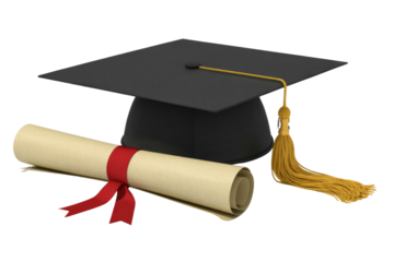 A black graduation cap with a gold tassel rests beside a rolled diploma tied with a red ribbon, symbolizing academic achievement. background removed