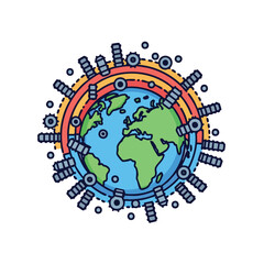 Stylized of Earth surrounded by satellites and gears.