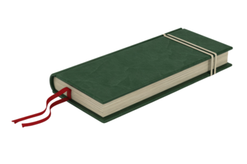 A 3D rendered, closed green book with a red ribbon bookmark and white binding straps, isolated on a solid background. background removed