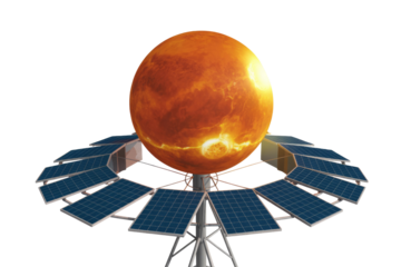 A fiery orange sphere, like a sun or planet, is surrounded by blue solar panels, demonstrating futuristic sustainable energy generation and technological innovation. background removed