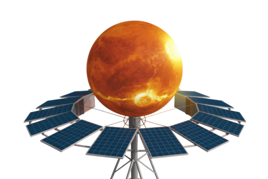 A fiery orange sphere, like a sun or planet, is surrounded by blue solar panels, demonstrating futuristic sustainable energy generation and technological innovation. background removed