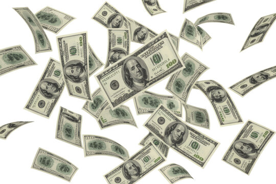 Numerous US one-hundred dollar bills are shown falling and floating against a solid transparent background, symbolizing wealth, prosperity, and financial activity. background removed - Powered by Adobe
