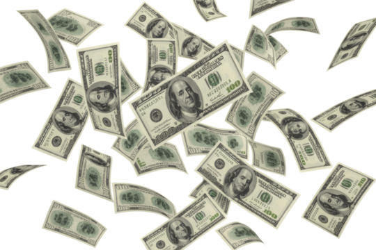 Numerous US one-hundred dollar bills are shown falling and floating against a solid transparent background, symbolizing wealth, prosperity, and financial activity. background removed