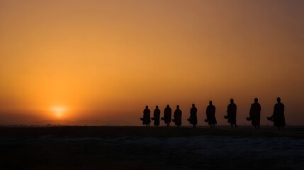 Silhouettes of Buddhist monks walking in procession with alms bowls at sunrise bathed in warm golden light