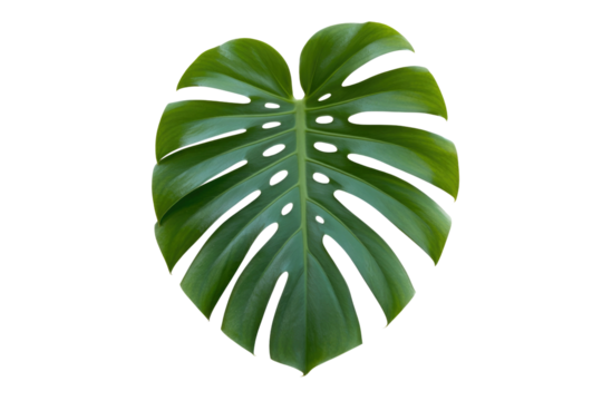 A single, vibrant green Monstera deliciosa leaf prominently displayed against a complementary dark transparent background, showcasing its unique fenestrations. background removed