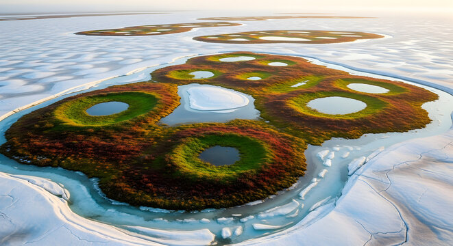 Aerial view of circular island in frozen lake