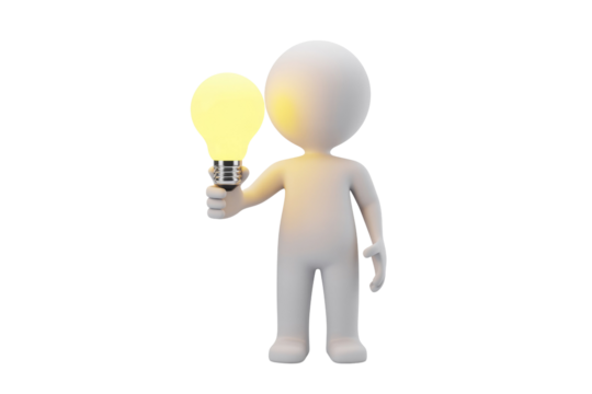 A 3D white figure holds a glowing light bulb, symbolizing a brilliant idea, creative thought, or innovative solution. Concept for problem-solving and inspiration. background removed