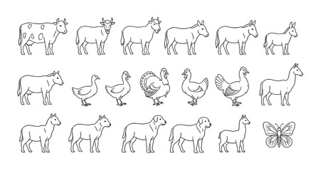Minimalist Big Set of Farm Animals Collection Line Icons Vector