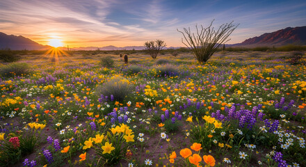 Desert wildflower superbloom at sunset with mountains