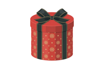 Festive red round gift box with golden snowflakes and dots, tied with a chic black ribbon and bow, ideal for gifting. background removed