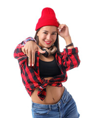 Female hip-hop dancer in hat on white background