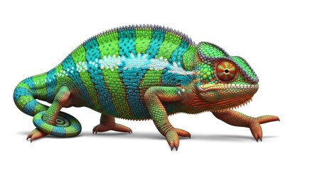 Obraz premium Vibrant Panther Chameleon Displaying Colorful Scales on White Background