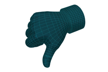 Wireframe 3D hand model displaying a thumbs down gesture, symbolizing digital disapproval, dislike, or negative feedback. Modern abstract concept. background removed