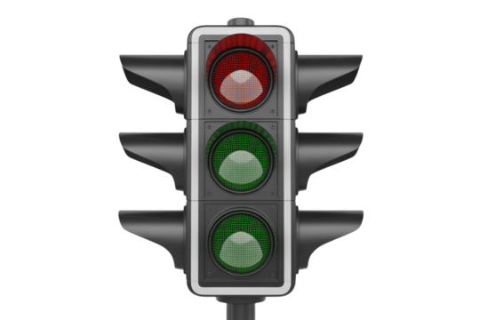 A 3D rendered traffic light showing a red signal on top and two active green lights below, indicating a complex state. background removed