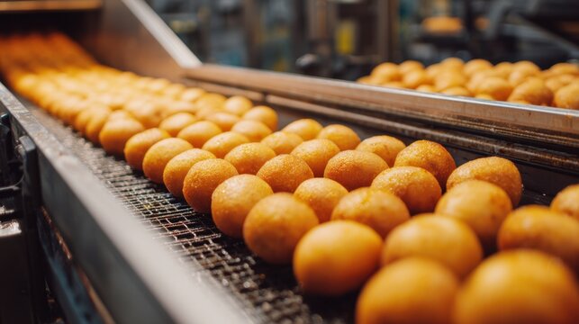 Freshly Produced Golden Pastry Balls on Conveyor Belt in Bakery Factory, Highlighting Industrial Food Processing and Quality Control
