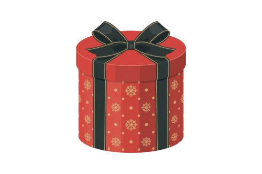 Festive red round gift box with golden snowflakes and dots, tied with a chic black ribbon and bow, ideal for gifting. background removed