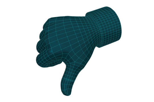 Wireframe 3D hand model displaying a thumbs down gesture, symbolizing digital disapproval, dislike, or negative feedback. Modern abstract concept. background removed - Powered by Adobe
