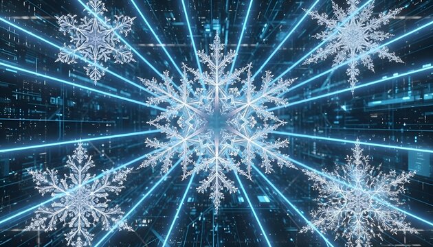 fractal-inspired glowing snowflakes on vibrant neon digital cyber background. Tech Christmas