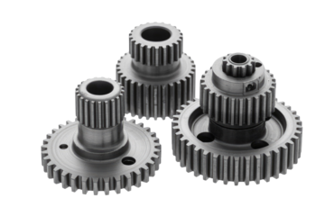 Three metallic gears of varying sizes and designs, showcasing intricate mechanical engineering components for industrial and automotive applications. background removed