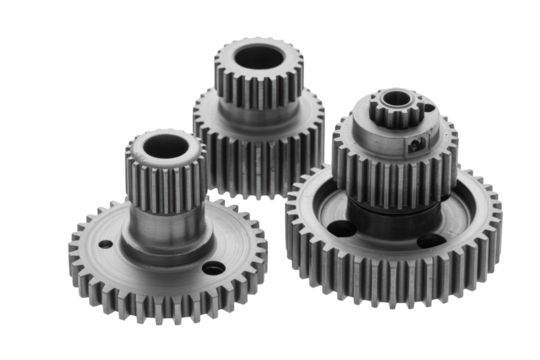 Three metallic gears of varying sizes and designs, showcasing intricate mechanical engineering components for industrial and automotive applications. background removed - Powered by Adobe