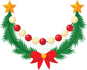 Festive Garland Design Green Pine Red White Beads Golden Stars Red Bow Seasonal Decor Element Holiday Banner