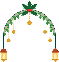 Arch Shaped Greenery Holiday Garland Frame with Hanging Ornaments and Lanterns Festive Seasonal Decoration Vector